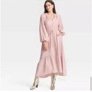 A New Day Pink Long Sleeve Tiered Midi Dress Medium Pockets V-Neck Elastic Waist